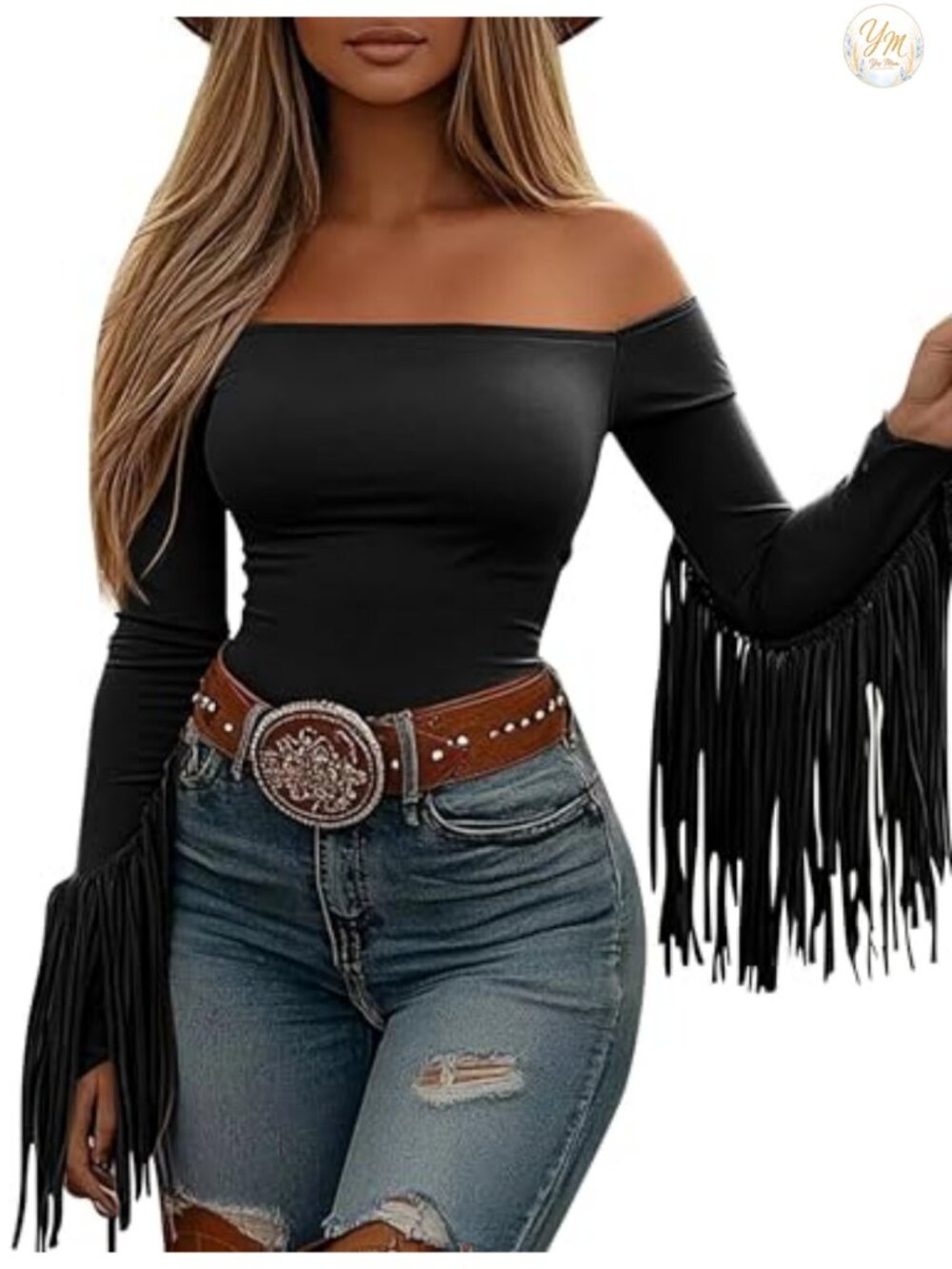Fringe Crop Top Off Shoulder Western Cowgirl Long Sleeve Tassel Blouse